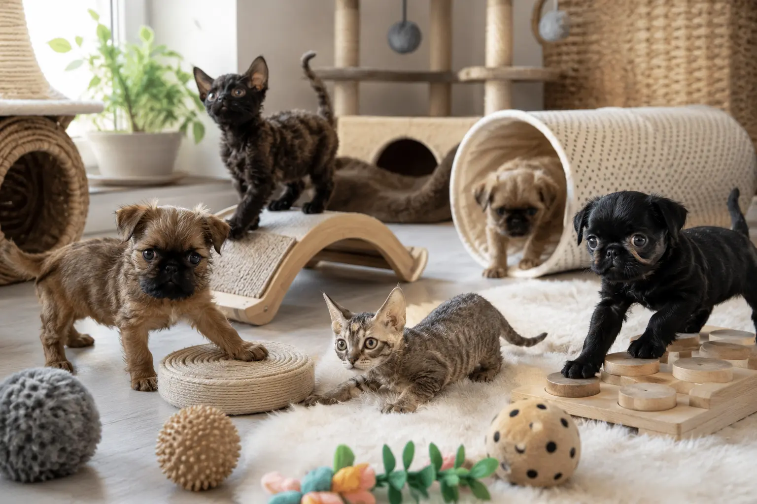 Devon Rex kittens and Brussels Griffon puppies playing with toys in a family home