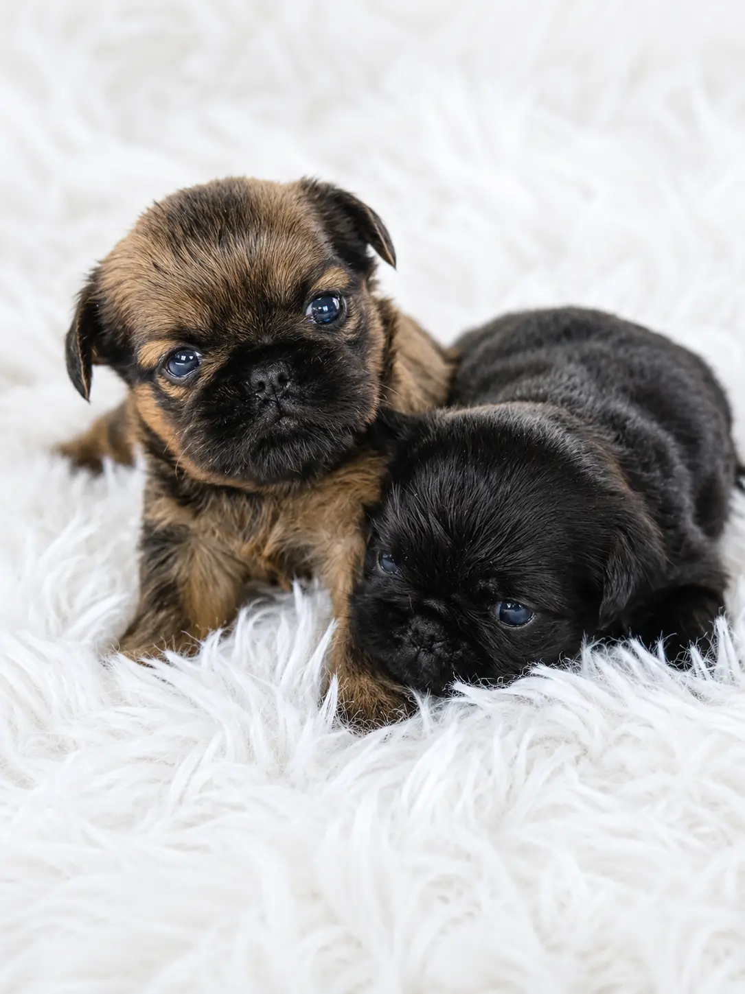 Two Brussels Griffon puppies, brown and black, lying together on white fur