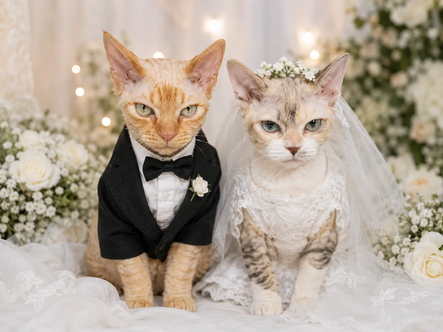 Deux chats Devon Rex déguisés en mariés