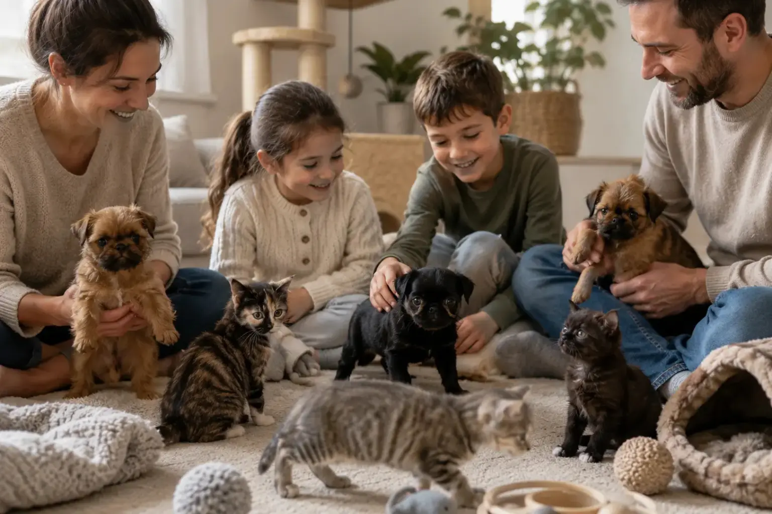 Children socializing Devon Rex kittens and Brussels Griffon puppies