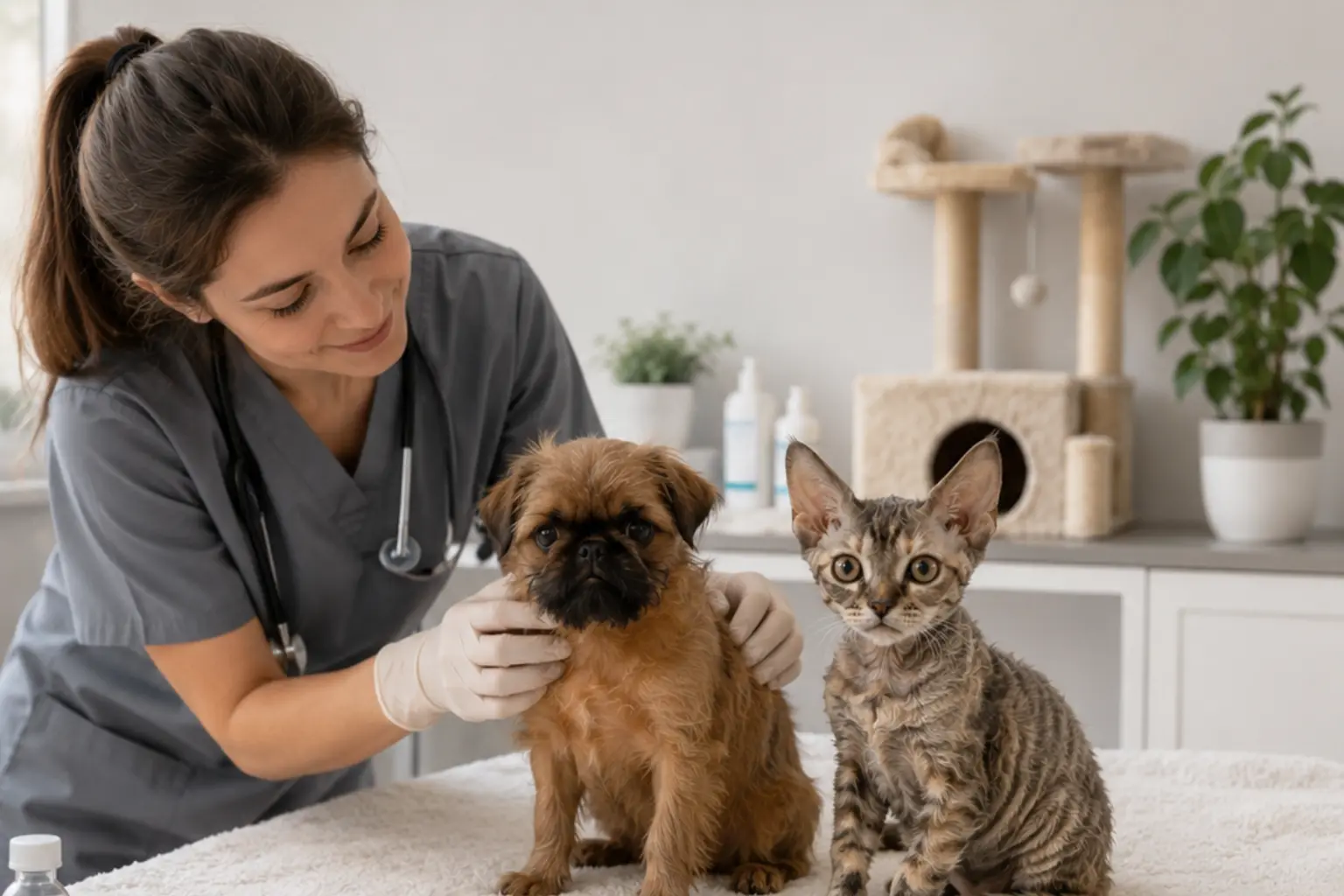 Veterinarian examining a Brussels Griffon puppy and a Devon Rex kitten