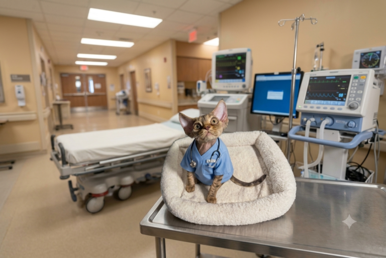 Devon Rex kitten in scrubs at a veterinary clinic